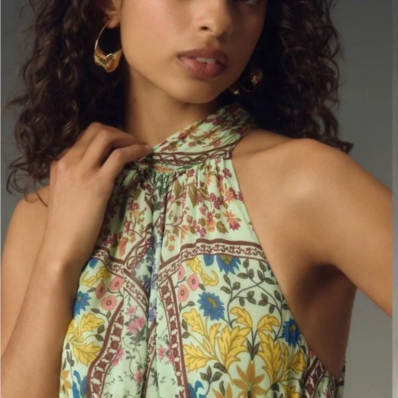 2xHP!! NWT Anthropologie Somerset Maxi Halter Edition Green Floral Motif Large - Picture 3 of 7